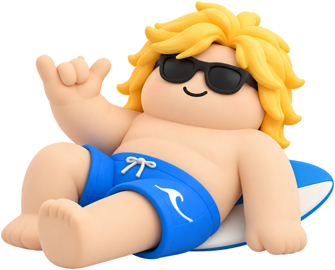 DataSurfer mascot lounging on a surfboard, throwing a shaka